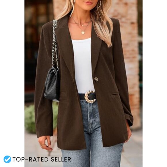 Corduroy Blazer Ribbed Texture Lapel Jacket Chic Work Casual Outerwear - Picture 4 of 7